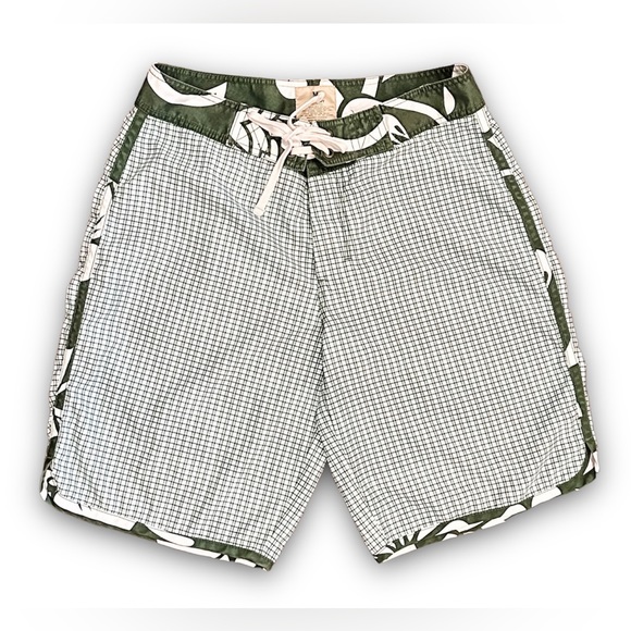 Old Navy Size M Men’s Vintage Green Blue Plaid Swim Trunks Shorts Hook Loop Tie - Picture 1 of 9